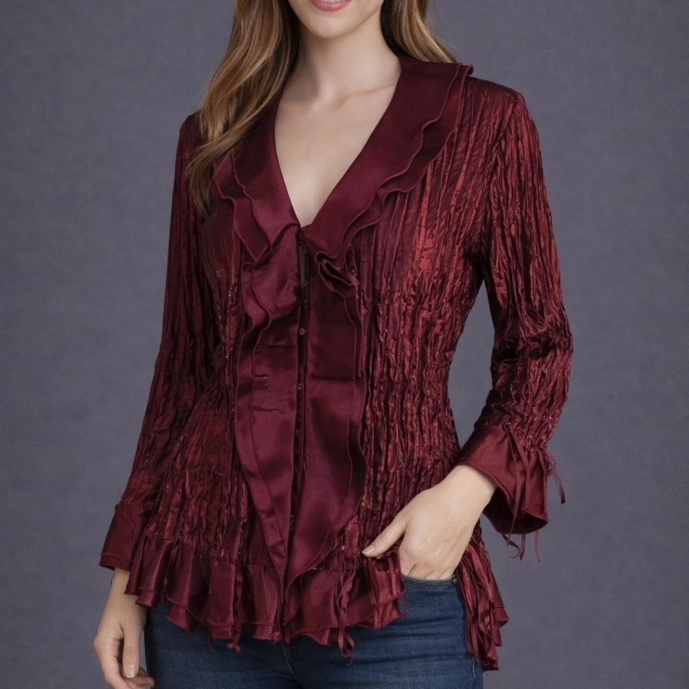 Vtg DRESSBARN Metallic Crinkle Flapper Fringe Ruffle Button Down Shirt